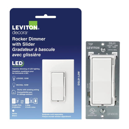 Leviton Decora Dimmer with Slide Bar and Rocker Switch, 15 Amp, DSL01-L0W, White