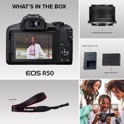 Canon EOS R50 Mirrorless Camera with RF-S18-45mm F4.5-6.3 is STM Lens Kit, 24.2MP APS-C CMOS Sensor, 4K Video, Hybrid Photo & Video Camera for Vlogging and Content Creators, RF Mount, Black