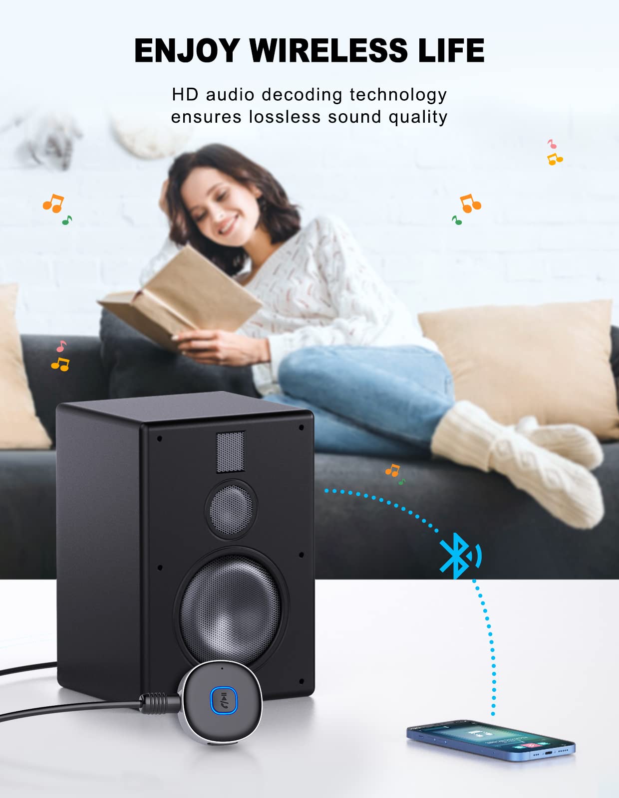 WOCBUY Bluetooth Adapter for Car, 3.5mm AUX Bluetooth Receiver for Music Streaming, Bluetooth 5.0 Wireless Audio Receiver for Car/Home Stereo/Wired Headphones/Speaker, Dual Connection, 12H Playtime - Available at All In One Marketplace Canada