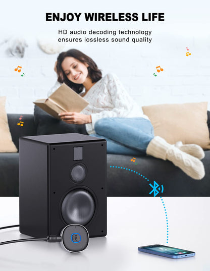 WOCBUY Bluetooth Adapter for Car, 3.5mm AUX Bluetooth Receiver for Music Streaming, Bluetooth 5.0 Wireless Audio Receiver for Car/Home Stereo/Wired Headphones/Speaker, Dual Connection, 12H Playtime - Available at All In One Marketplace Canada