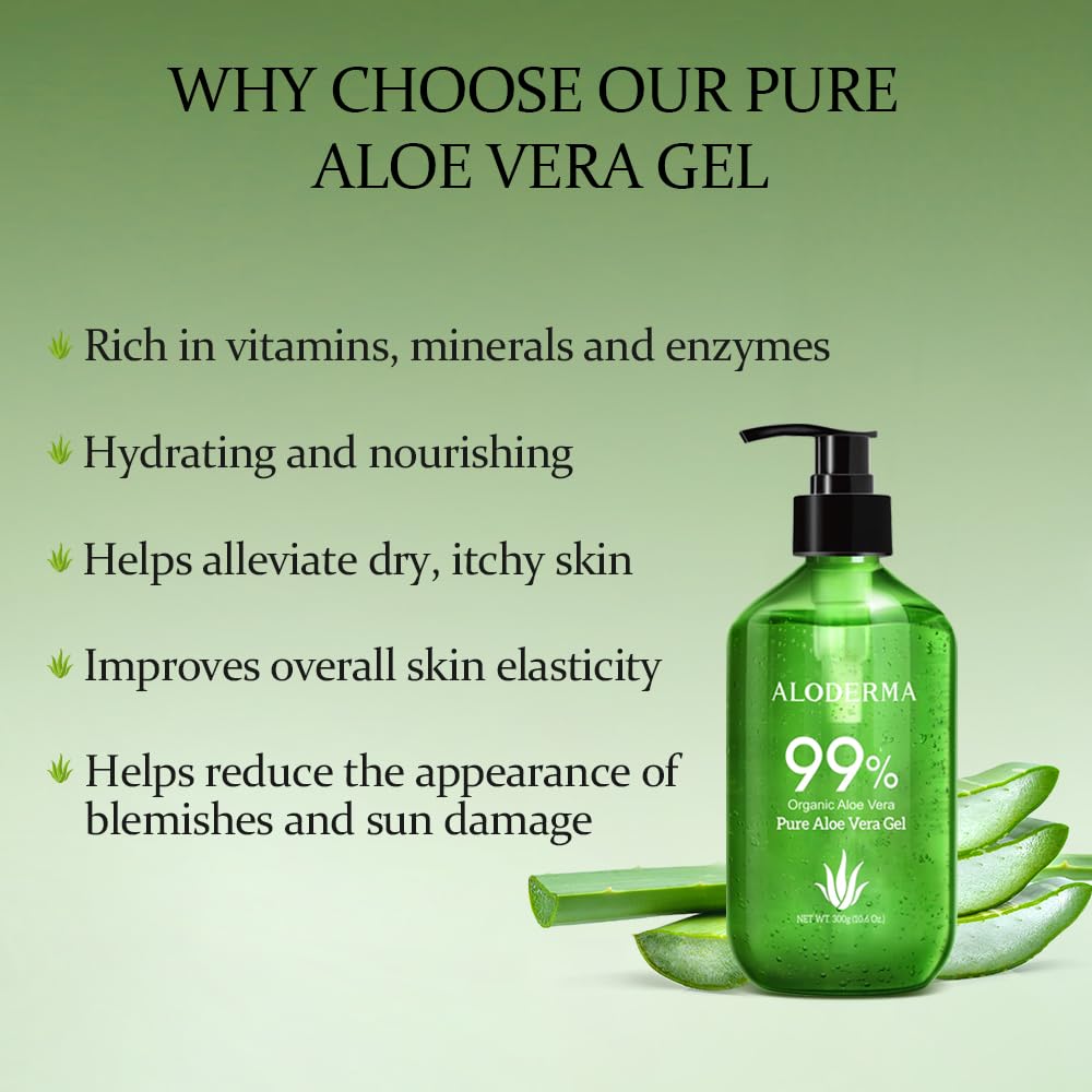 Aloderma 99% Organic Aloe Vera Gel for Skin Made within 12 Hours of Harvest, Non-Sticky Aloe Vera Gel for Sunburn Relief, Natural, Soothing Hydrating Aloe Vera for Face & Hair, Lightweight Gel, 10.6oz - Available at All In One Marketplace Canada