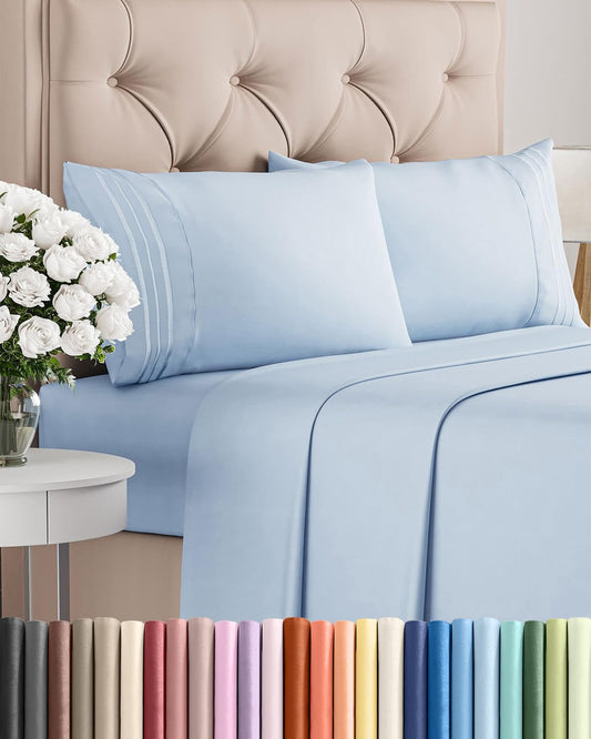 Queen Size 4 Piece Sheet Set - Comfy Breathable & Cooling Sheets - Hotel Luxury Bed Sheets for Women & Men - Deep Pockets, Easy-Fit, Extra Soft & Wrinkle Free Sheets - Sky Blue Oeko-Tex Bed Sheet Set