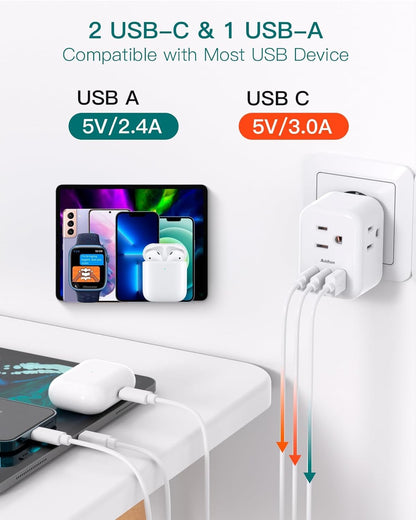[2 Pack] European Travel Plug Adapter, International Power Plug Adapter with 3 Outlets 3 USB Charging Ports(2 USB C), Travel Essentials to Italy,Greece,Israel,France, Spain (Type C)