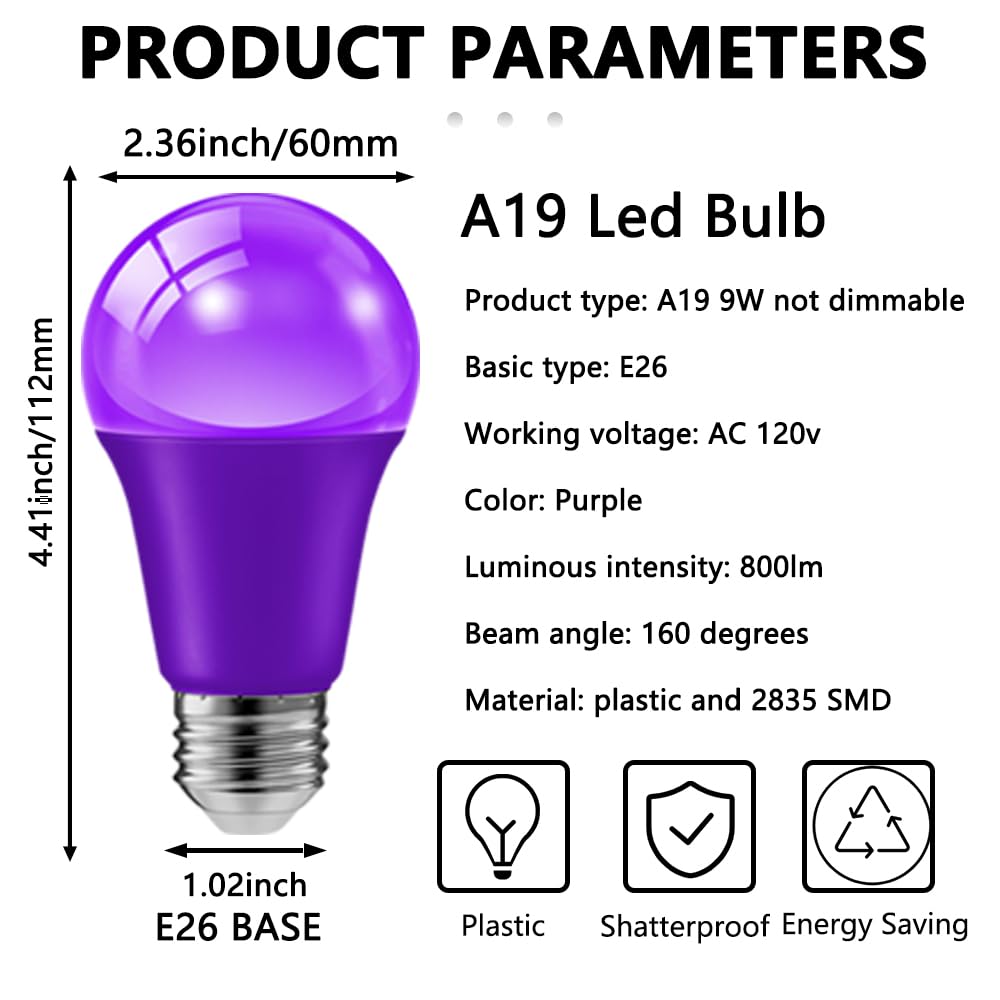 8 Pack 9W E26 Base 120V A19 Purple and Orange LED Light Bulb 🍁 All In One Marketplace Canada