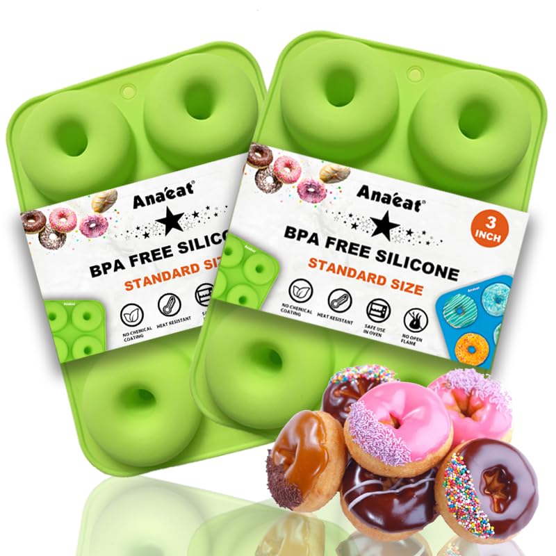 Anaeat 2 Pack Donut Pan Silicone Baking Mold, Just Pop Out! Non-Stick Doughnuts Baking Pans BPA Free for 6 Full-Size Donuts, Muffins, Cake Biscuit Bagels - Easy Clean, Oven, Dishwasher Safe(Green) 🍁 All In One Marketplace Canada