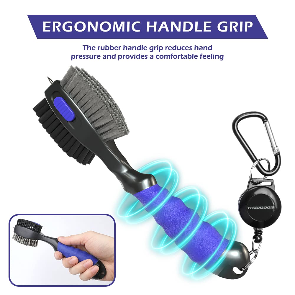 THIODOON 2 Pack Golf Club Brushes and Groove Cleaner 2 ft Retractable Zipline Carabiner Oversized Golf Brush Head with Retractable Spike Comfortable Grip Golf Club Cleaner - Available at All In One Marketplace Canada