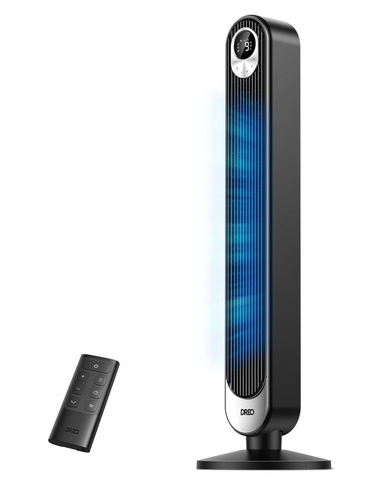 DREO Tower Fan for Bedroom, DC Motor, 28 ft/s, 20dB Quiet Oscillating Bladeless Fan with Remote, 9 Speeds, 4 Modes, 12H Timer, LED Display, Standing Floor Fan Powerful for Indoor Home Office Room