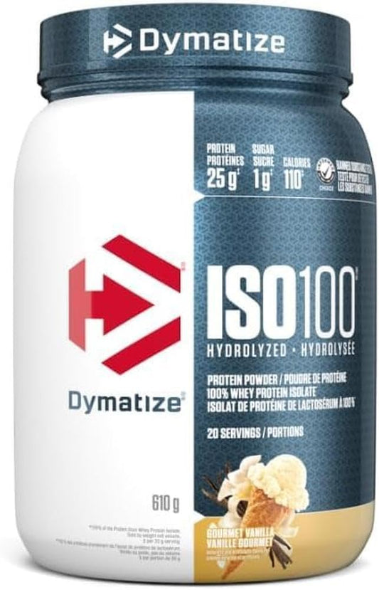 ISO100 Hydrolyzed Protein Powder by Dymatize, Gourmet Vanilla, 100% Whey Isolate Powder, 25g of Protein, Gluten Free, 20 Servings, 610g - Available at All In One Marketplace Canada