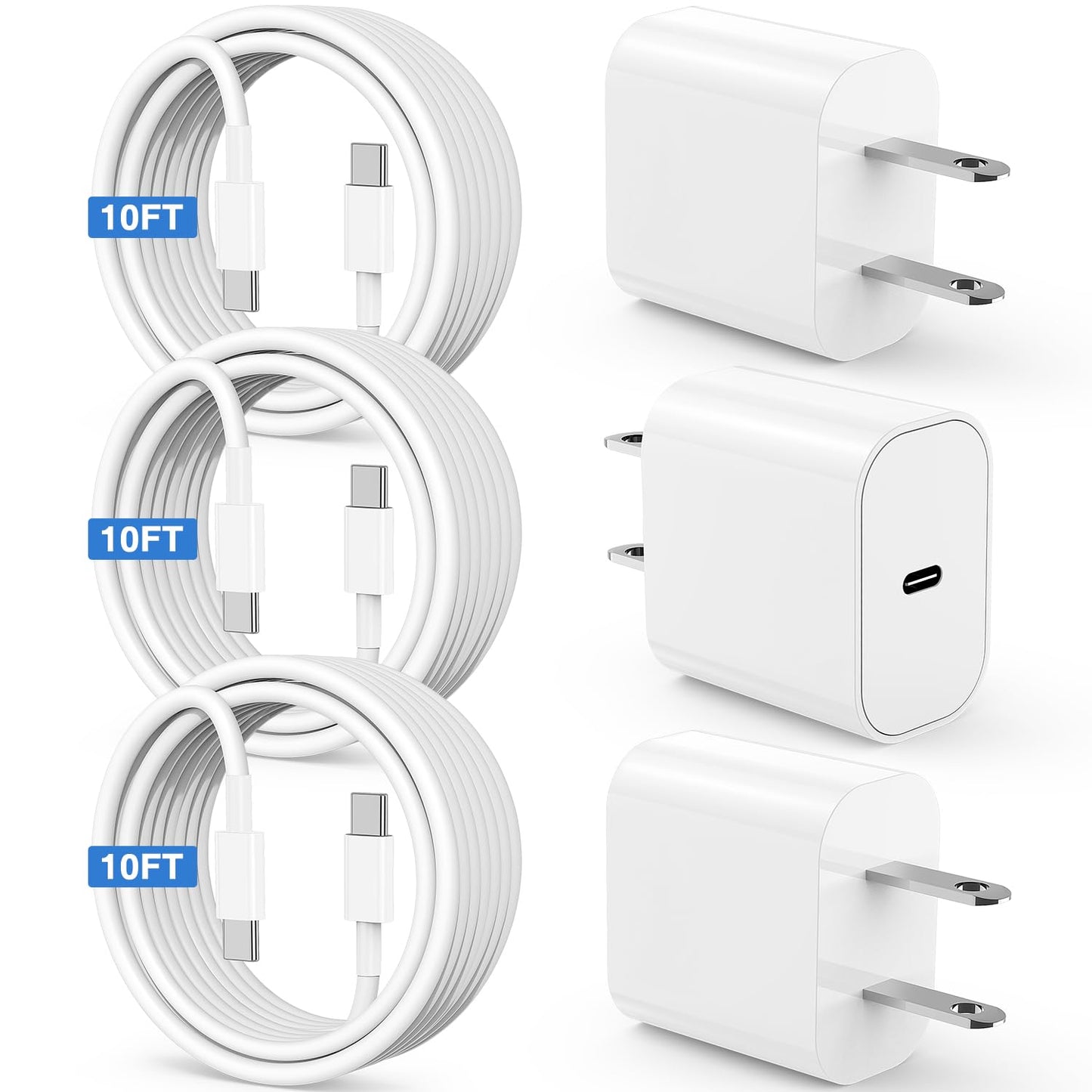 Susnwere iPhone 17 15 16 Charger 10Ft with 20W USB C Charger Block,3-Pack 20W Fast Wall Charger for iPhone 17 Pro Max/iPhone 16/16 Plus/16 Pro/16 Pro Max/15 Plus/15 Pro Max,3Pack Extra Long 10ft Cable - Available at All In One Marketplace Canada