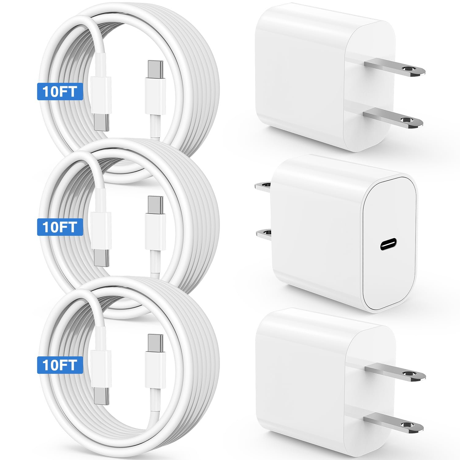 Susnwere iPhone 17 15 16 Charger 10Ft with 20W USB C Charger Block,3-Pack 20W Fast Wall Charger for iPhone 17 Pro Max/iPhone 16/16 Plus/16 Pro/16 Pro Max/15 Plus/15 Pro Max,3Pack Extra Long 10ft Cable - Available at All In One Marketplace Canada