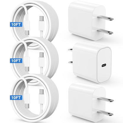 Susnwere iPhone 17 15 16 Charger 10Ft with 20W USB C Charger Block,3-Pack 20W Fast Wall Charger for iPhone 17 Pro Max/iPhone 16/16 Plus/16 Pro/16 Pro Max/15 Plus/15 Pro Max,3Pack Extra Long 10ft Cable - Available at All In One Marketplace Canada