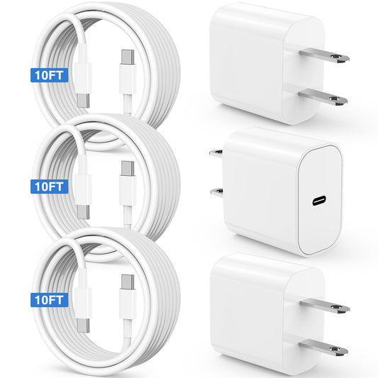 Susnwere iPhone 17 15 16 Charger 10Ft with 20W USB C Charger Block,3-Pack 20W Fast Wall Charger for iPhone 17 Pro Max/iPhone 16/16 Plus/16 Pro/16 Pro Max/15 Plus/15 Pro Max,3Pack Extra Long 10ft Cable - Available at All In One Marketplace Canada