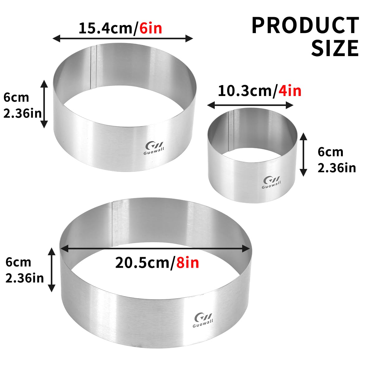 Guowall 4/6/8 inch Cake Rings for Baking Stainless Steel Mousse Ring Mold 3 Sizes Round Pastry Biscuit Cutter - Height 6 cm 🍁 All In One Marketplace Canada