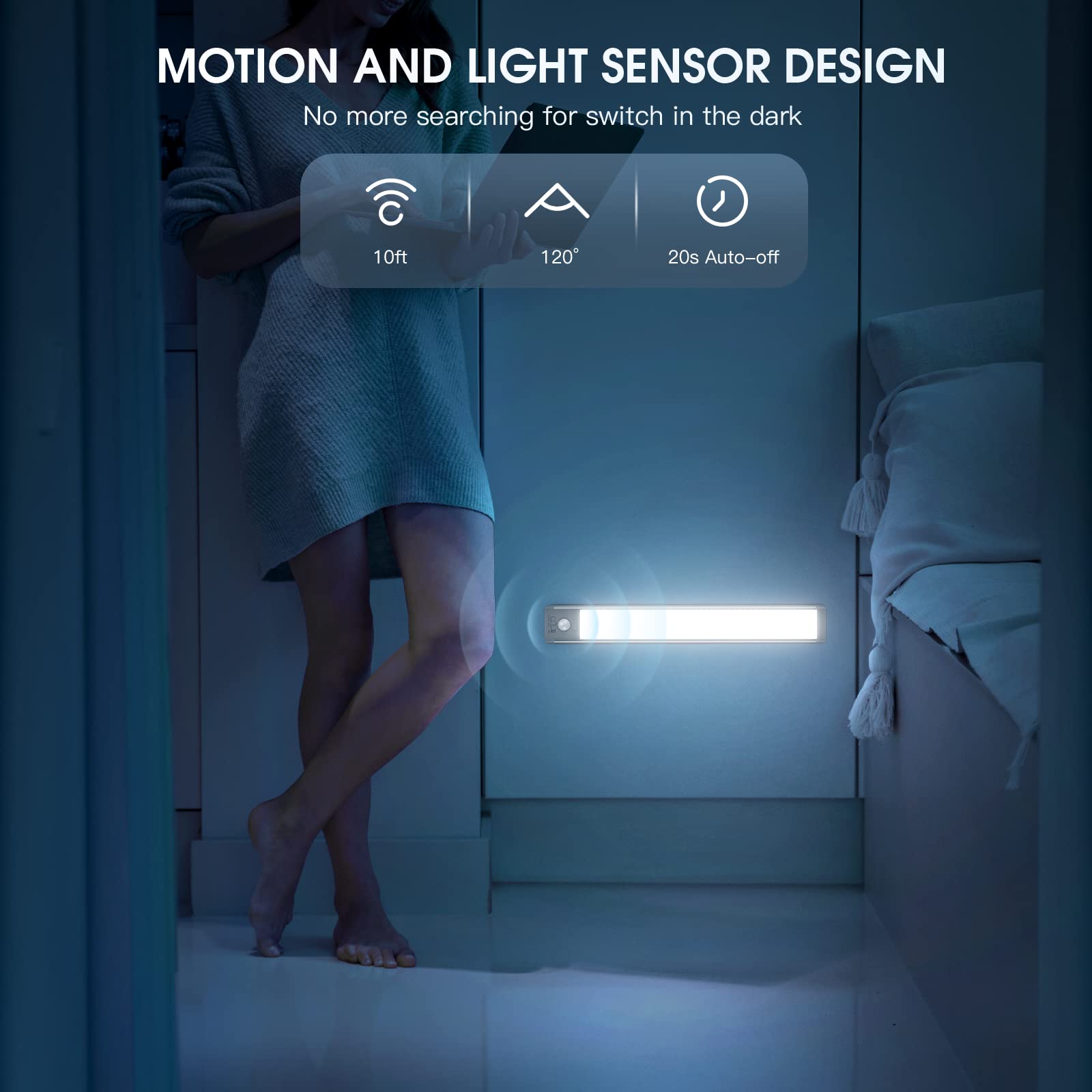 MCGOR Under Cabinet Lighting, 14.7" Rechargeable Motion Sensor Light Indoor, 2 Pack Magnetic Dimmable Closet Lights, Wireless Under Counter Lights for Kitchen, Stairs,Hallway
