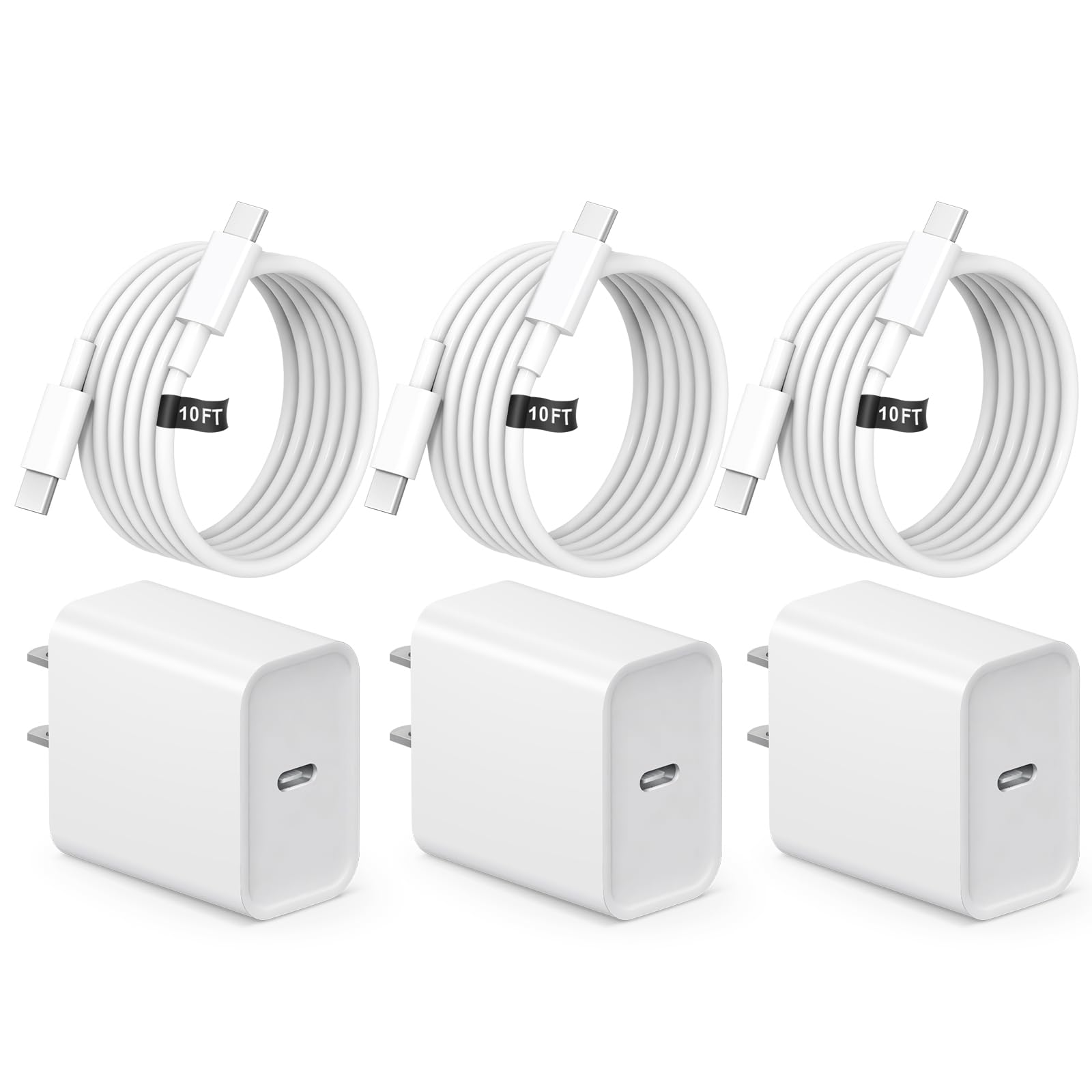 iPhone 17 16 Charger, 3Pack 10FT USB C to Type C Cable with USB C Charger Block Compatible with iPhone 17/16 Pro/16 Pro Max/15/15 Pro Max/16e, iPad Pro12.9/11 USB C Charger - Available at All In One Marketplace Canada