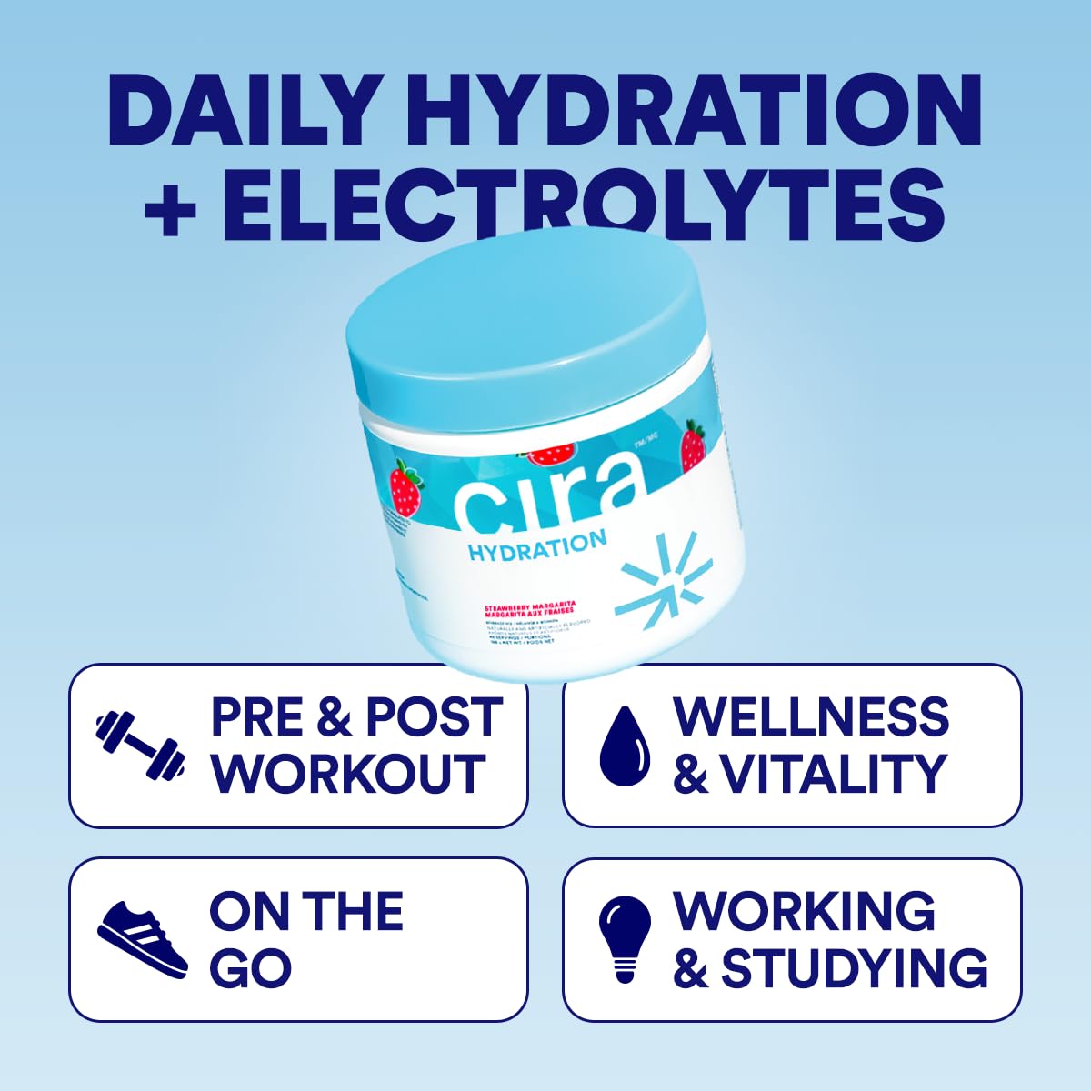 Cira Hydration Electrolytes Powder - Daily Electrolyte Powder, Sugar Free w Himalayan Salt, Magnesium, Potassium, Hydration Powder for Dehydration Relief & Recovery - Strawberry Margarita, 45 Servings