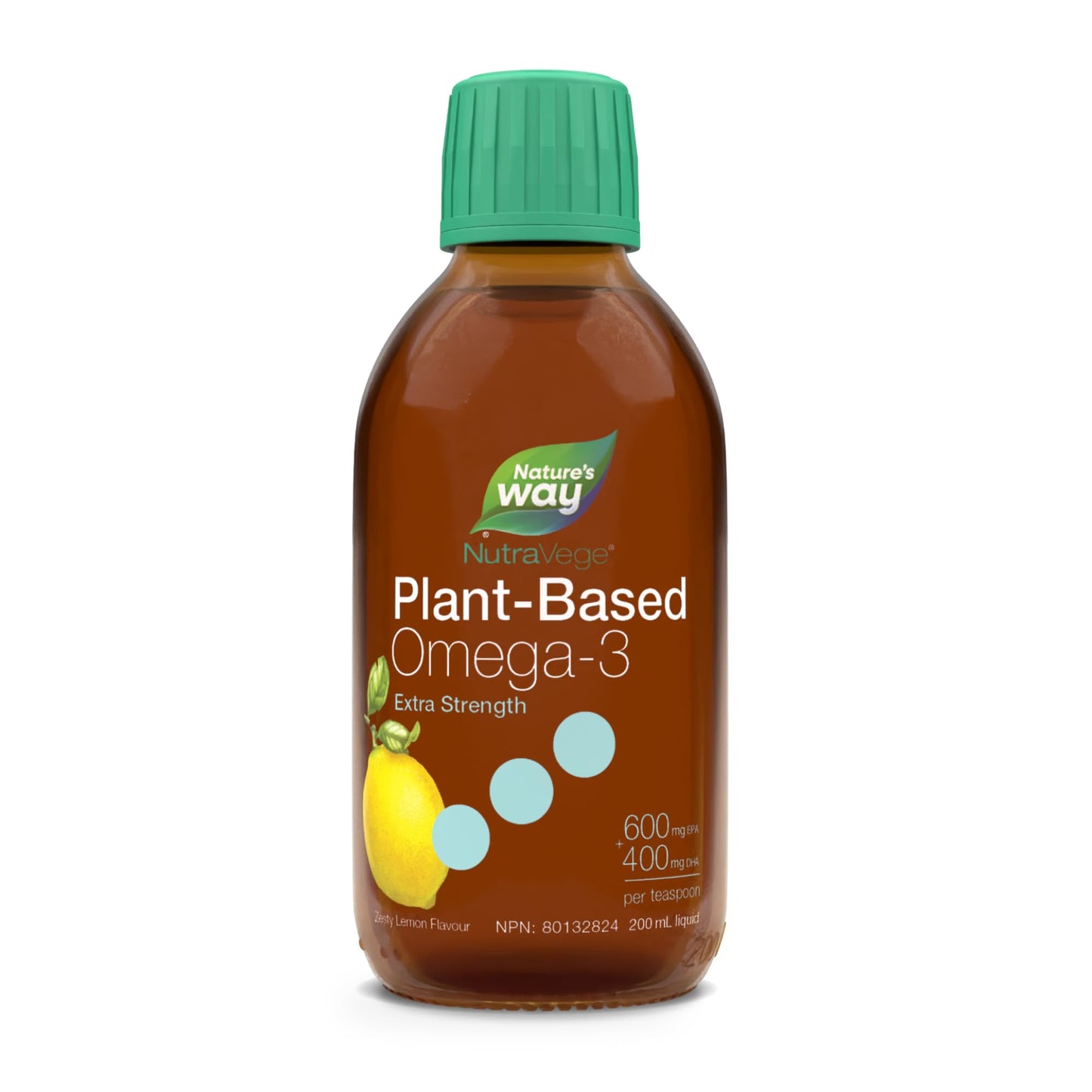 Nature's Way NutraVege Plant-based Omega 3 Supplement, Extra Strength Formula, Vegetarian, EPA + DHA from Algal Oil, Vegan, Lemon Flavour, 200 mL Liquid Nature's Way