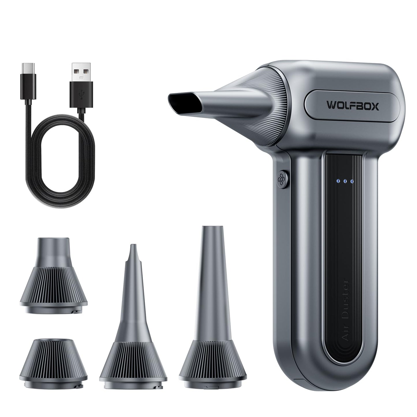 WOLFBOX MF70 Compressed Air Duster-110000 RPM Electric Air Duster with Extended Runtime, 3-Speed Rechargeable Air Blower for Keyboard, Computer, Camera, Car, Home, 5 Nozzles - Available at All In One Marketplace Canada