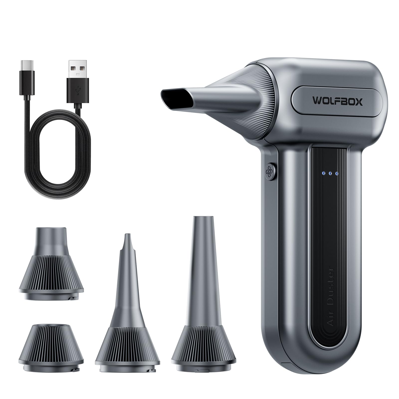WOLFBOX MF70 Compressed Air Duster-110000 RPM Electric Air Duster with Extended Runtime, 3-Speed Rechargeable Air Blower for Keyboard, Computer, Camera, Car, Home, 5 Nozzles - Available at All In One Marketplace Canada