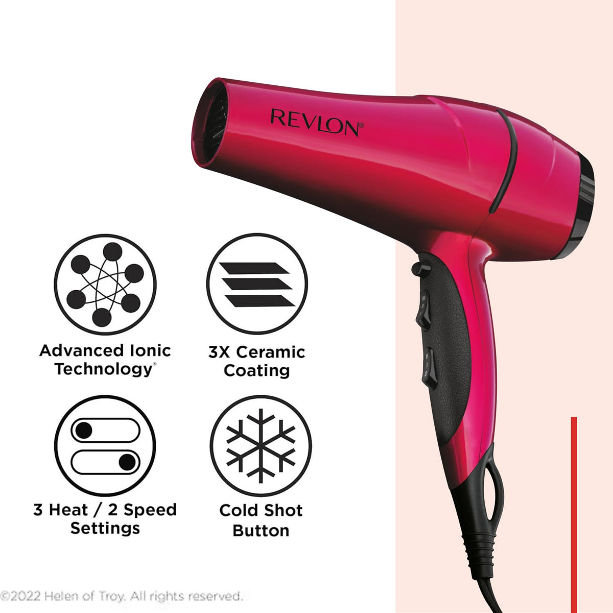 Revlon RVDR5191F Ionic Technology Ceramic Hair Dryer with Diffuser, Ionic, 3 Heat/2 Speed Settings, Powerful, Fast Drying, Less Frizz, Pink