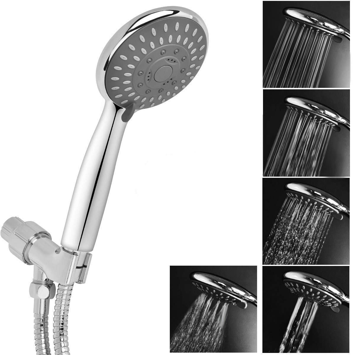 Shower Head, High Pressure Handheld Showerhead with Hose, 5 Settings Chrome Finished Hand Held Rainfall Shower Set- Including Bracket Teflon Washer - Available at All In One Marketplace Canada