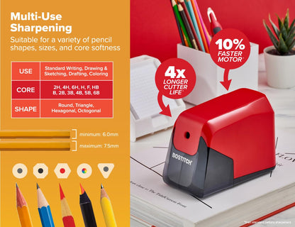 Bostitch Office Battery Pencil Sharpener, 4X Longer Cutter Life, Tip Saver Technology, Red Bostitch