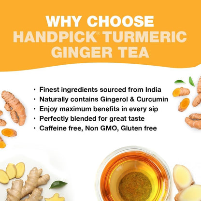 HANDPICK, Turmeric Ginger Tea, 100 Eco-Conscious Tea Bags | Caffeine Free, Gluten Free | 100% Pure Herbal Blend - Savory & Spicy | Curcumin | Packed in Eco-Friendly Tea Bags