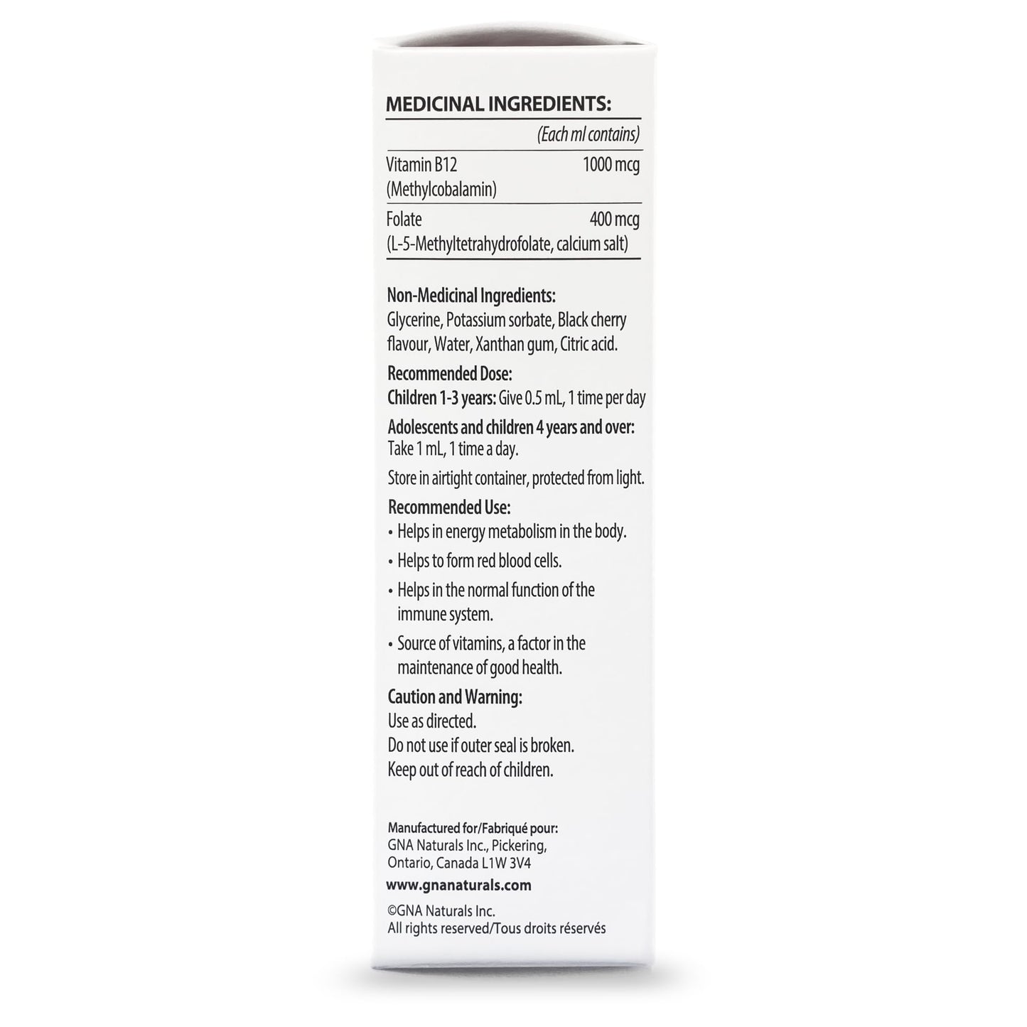 GNA Naturals Kids Vitamin B12 with Folate Supplement, 60ml - VitaminB12 Methylcobalamin 1000 mcg - Liquid Drops for Kids - Cherry Flavour- Methyl B12 Folate Supplement - Vitamin-B12-Complex – Vegan – For energy, metabolism and supports memory– Made in Can - Available at All In One Marketplace Canada