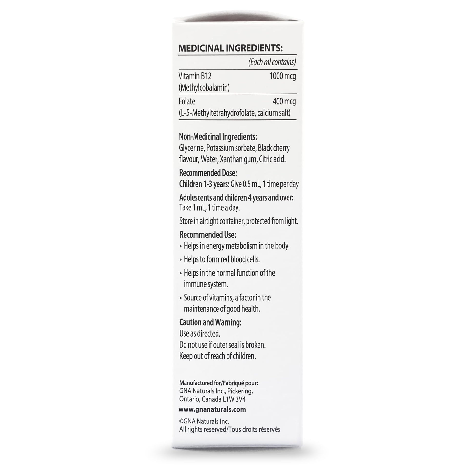 GNA Naturals Kids Vitamin B12 with Folate Supplement, 60ml - VitaminB12 Methylcobalamin 1000 mcg - Liquid Drops for Kids - Cherry Flavour- Methyl B12 Folate Supplement - Vitamin-B12-Complex – Vegan – For energy, metabolism and supports memory– Made in Can - Available at All In One Marketplace Canada