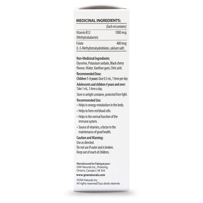 GNA Naturals Kids Vitamin B12 with Folate Supplement, 60ml - VitaminB12 Methylcobalamin 1000 mcg - Liquid Drops for Kids - Cherry Flavour- Methyl B12 Folate Supplement - Vitamin-B12-Complex – Vegan – For energy, metabolism and supports memory– Made in Can - Available at All In One Marketplace Canada