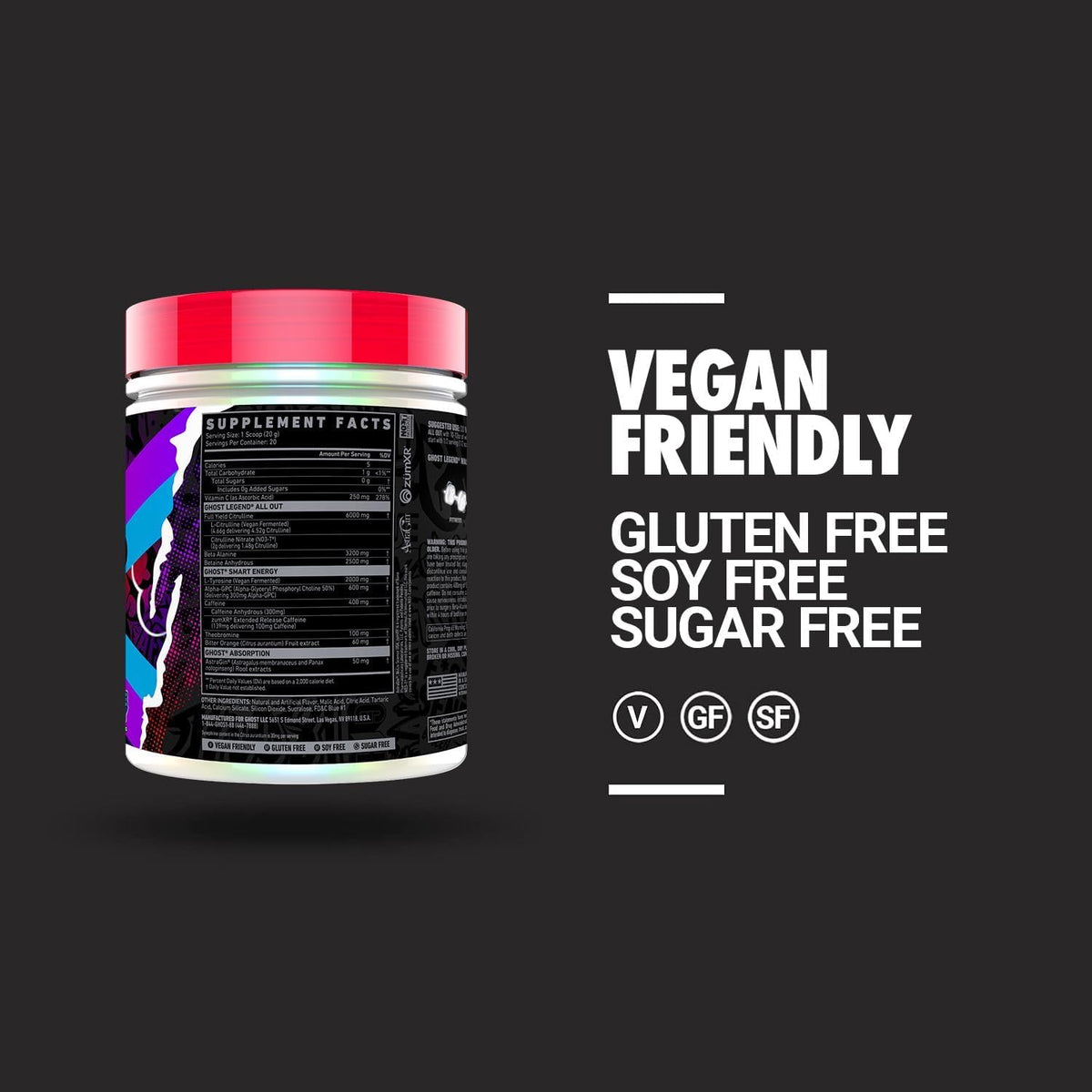 Ghost Legend All Out Pre Workout Powder | Increased Energy, Pumps, Focus | L-Citrulline, Beta Alanine, Beta Alanine Blend | Vegan, Gluten Free, Sugar Free | 40 Servings, 400g (Blue Raspberry)