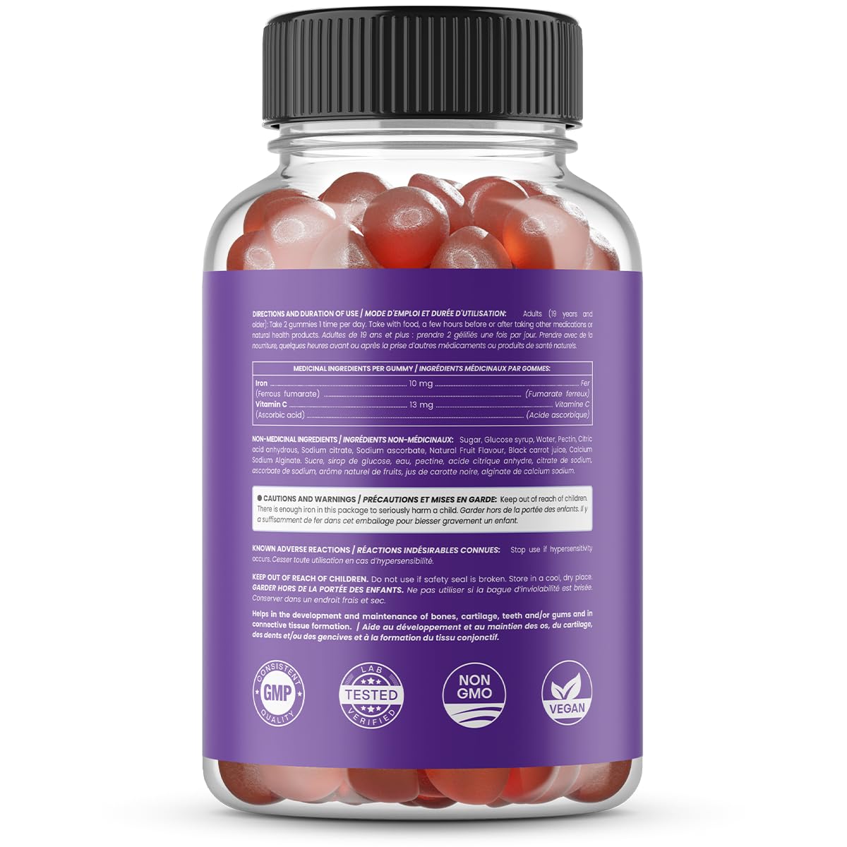 Iron Gummies with Vitamin C | 10mg Iron Per Gummy | Iron Supplements for Women & Men | Vegan Gummies | Blood Cell Formation Support | Energy, Focus, Immune Support | Vegan & Non-GMO (1) - Available at All In One Marketplace Canada
