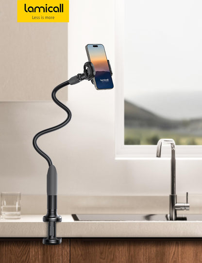 Phone Holder Bed Gooseneck Mount - Lamicall Cell Phone Stand Clamp Clip for Desk, Flexible Lazy Long Arm Headboard Bedside for iPhone 13 14 15 16 17 Pro Max Mini Plus, S24 S25 Ultra, 4-7" Smartphones