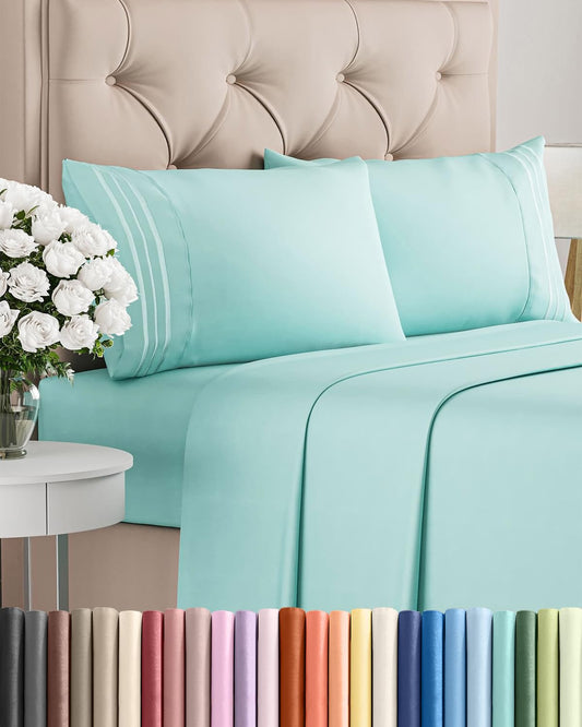 Queen Size 4 Piece Sheet Set - Comfy Breathable & Cooling Sheets - Hotel Luxury Bed Sheets for Women & Men - Deep Pockets, Easy-Fit, Extra Soft & Wrinkle Free Sheets - Spa Blue Oeko-Tex Bed Sheet Set