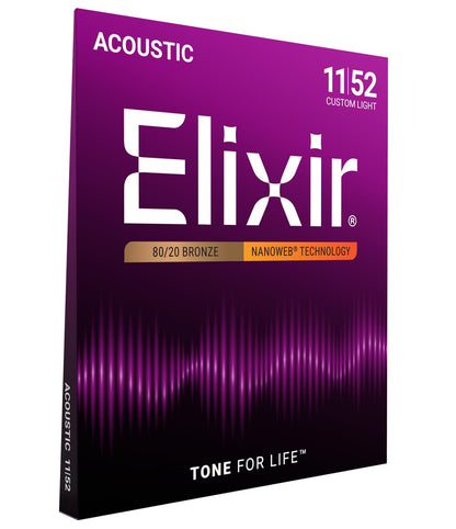 Elixir 80/20 Bronze Acoustic Guitar Strings with Nanoweb Coating - Custom Light 11-52
