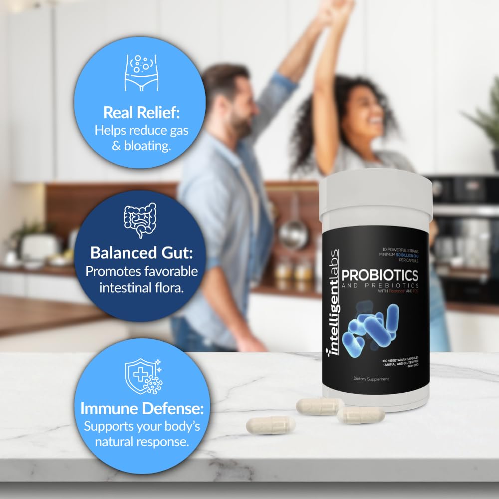 Intelligent Labs 50 Billion CFU Probiotic with Prebiotics - Advanced Gut Health & Immune Support - Acid Resistant, Overfilled for Max Potency - No Refrigeration Needed - 60 Capsules (60-Day Supply) - Available at All In One Marketplace Canada