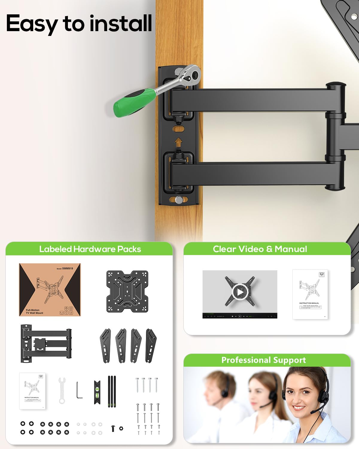 USX MOUNT Full Motion TV Wall Mount for 26-65 Inch TVs up to 77Lbs, Wall Mount TV Bracket, Single Stud Articulating TV Mount, Smooth Swivel Extension, Max VESA 400x400 mm, XMM919