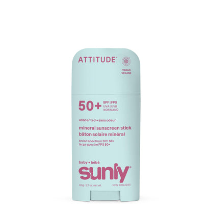 ATTITUDE Baby Mineral Sunscreen Stick SPF 50, Broad Spectrum Zinc Oxide, EWG Verified, Non-Nano, Mess-Free Stick for Face & Body, Lightweight Non-Greasy, Vegan, Unscented, 60 grams - Available at All In One Marketplace Canada