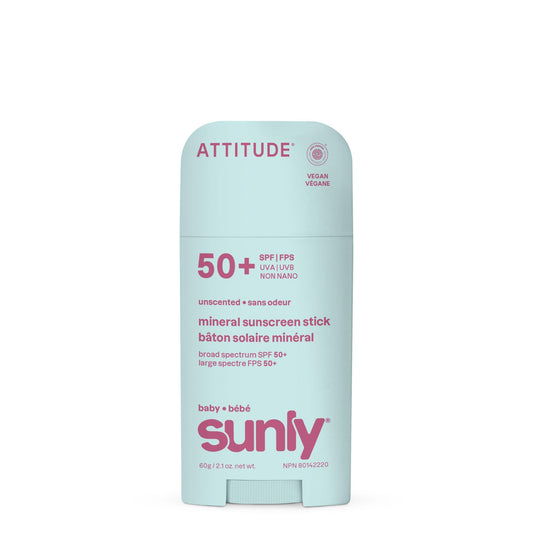 ATTITUDE Baby Mineral Sunscreen Stick SPF 50, Broad Spectrum Zinc Oxide, EWG Verified, Non-Nano, Mess-Free Stick for Face & Body, Lightweight Non-Greasy, Vegan, Unscented, 60 grams - Available at All In One Marketplace Canada