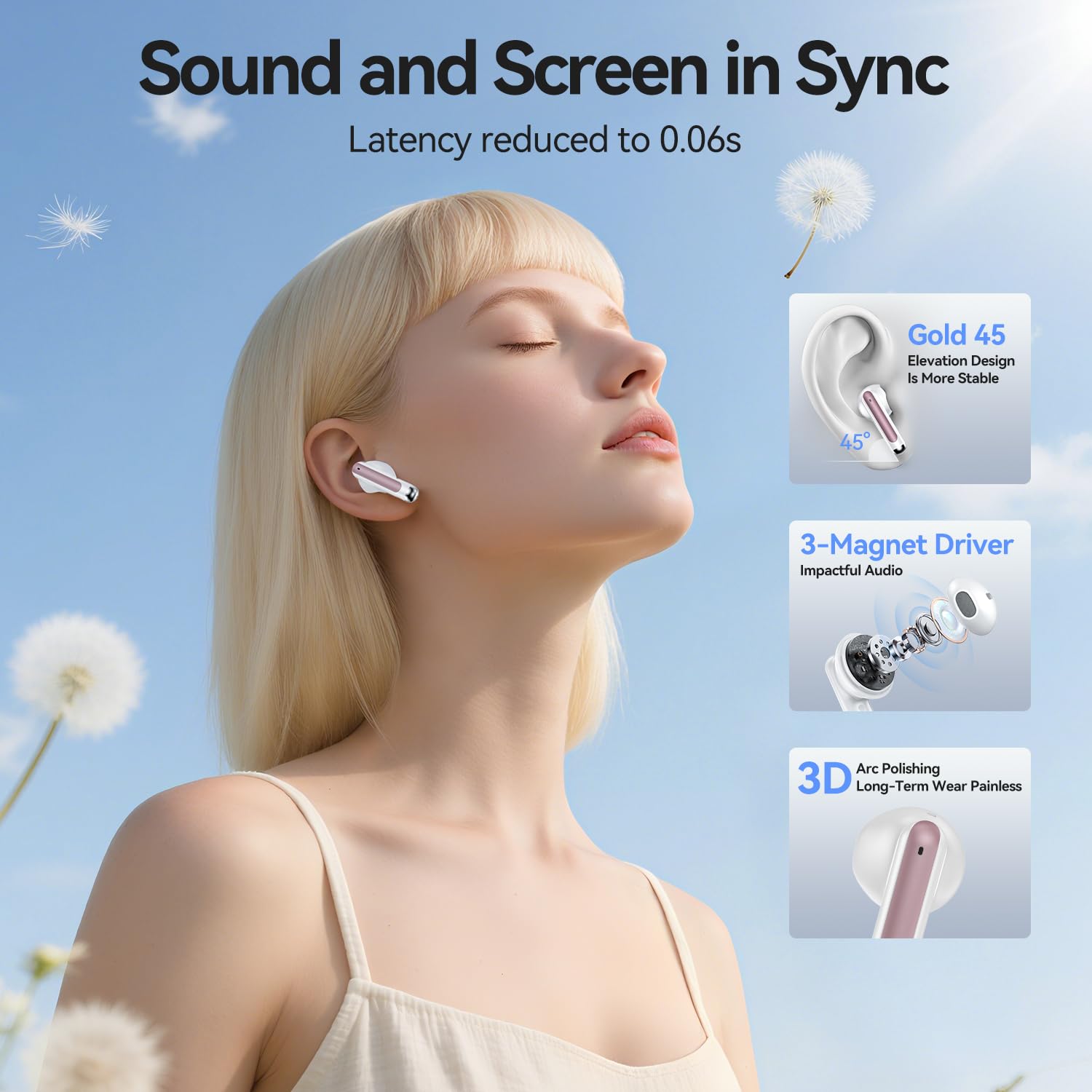 Wireless Earbuds, Bluetooth 5.4 in-Ear Headphones Wireless Bluetooth with ENC 4 Mics, Bluetooth Earbuds 50 Hour Noise-Cancelling Ear Buds with LED Indicator, IPX7 Waterproof for Sports/Work Rosa Gold