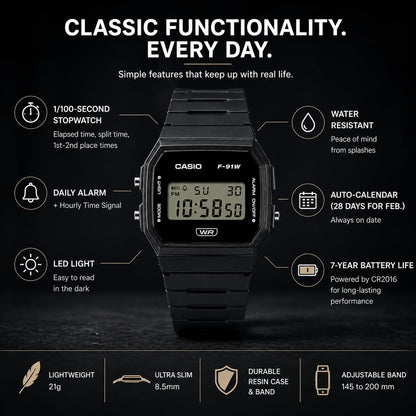 Casio F-91WB Series | Men's Digital Watch | Environmentally Friendly Bio-Based Resin | Alarm | Date Indicator | 7-Year Battery, Black