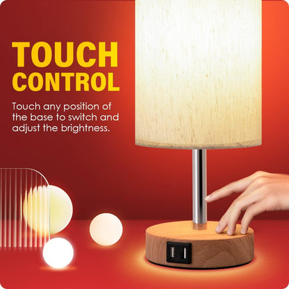 Yarra-Decor Bedside Table Lamp with USB Port - Touch Control for Bedroom Wood 3 Way Dimmable Nightstand Lamp with Round Flaxen Fabric Shade for Living Room, Dorm, Home Office (LED Bulb Included) - Available at All In One Marketplace Canada