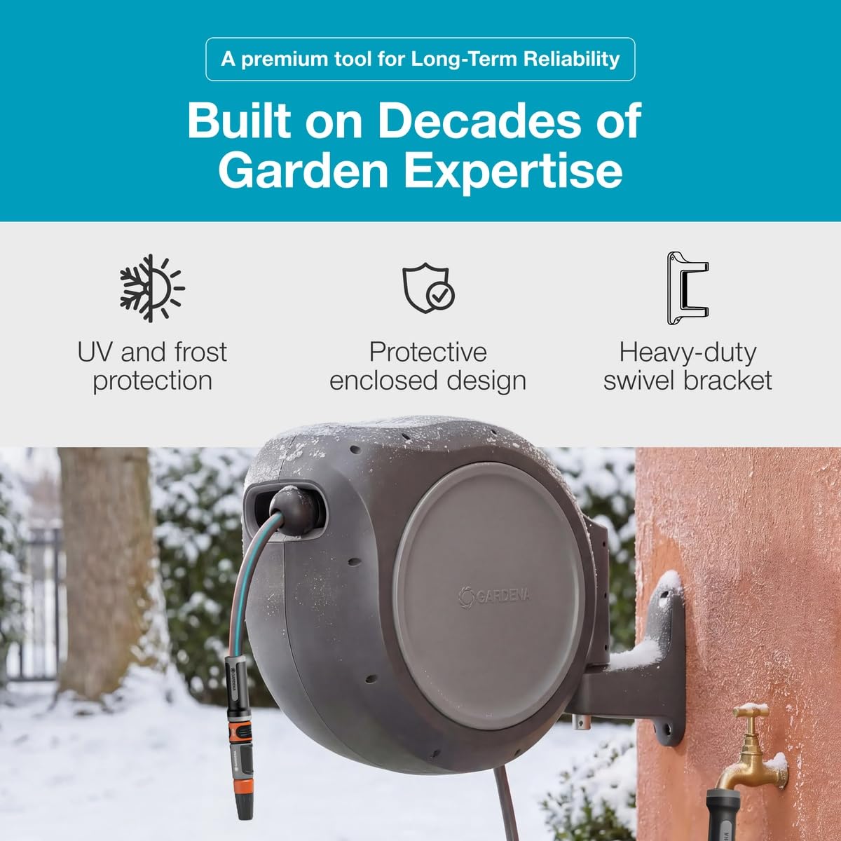 GARDENA 20502-80, Retractable Garden Hose Reel 75' x 1/2" Hose, Wall Mounted, Automatic Retraction & Length Lock for Easy Watering. Heavy Duty Swivel Bracket 180°, Includes Nozzle. Made in Europe 🍁 All In One Marketplace Canada GARDENA