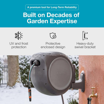 GARDENA 20502-80, Retractable Garden Hose Reel 75' x 1/2" Hose, Wall Mounted, Automatic Retraction & Length Lock for Easy Watering. Heavy Duty Swivel Bracket 180°, Includes Nozzle. Made in Europe 🍁 All In One Marketplace Canada GARDENA