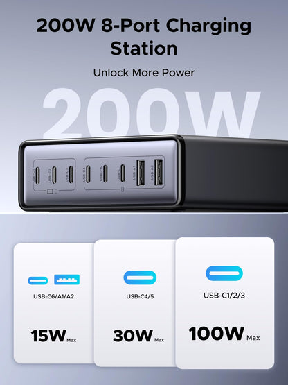 UGREEN 200W 8-Port GaN USB C Charger Block, Desktop Charging Station USB C and USB PD 100W Fast Charging Compatible for MacBook Pro 16" Air, XPS 13, iPad Pro, iPhone 17 Pro, Galaxy S26 S25
