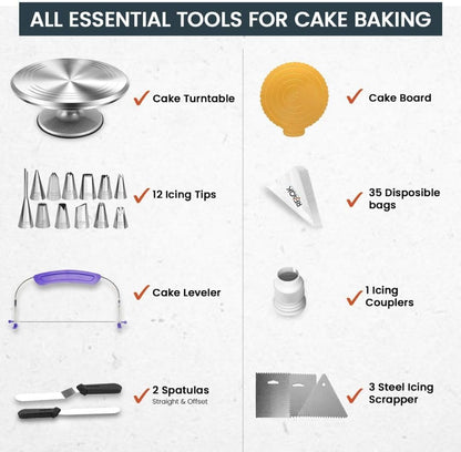 RFAQK 50PCs Cake Turntable Set - 12" Aluminium Alloy Cake Decorating Turntable- Professional Cake Decorating Kit with Straight & Offset Icing Spatula-Numbered Icing Nozzles & Bags- Cake Leveler 🍁 All In One Marketplace Canada
