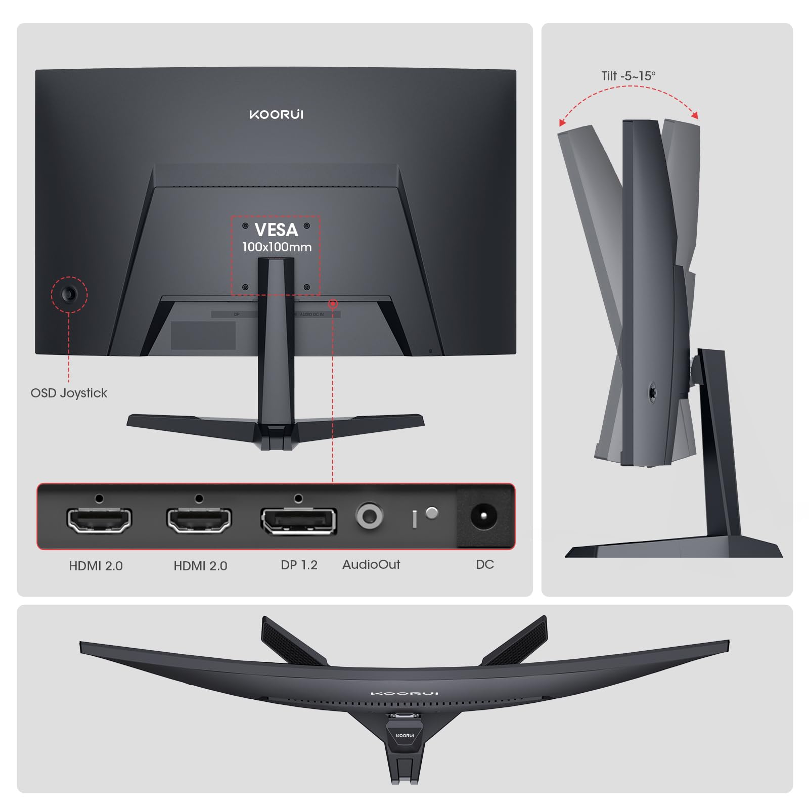 KOORUI 24 Inch Curved Gaming Monitor, 180Hz 1080P 1500R, Adaptive Sync, HDR KOORUI