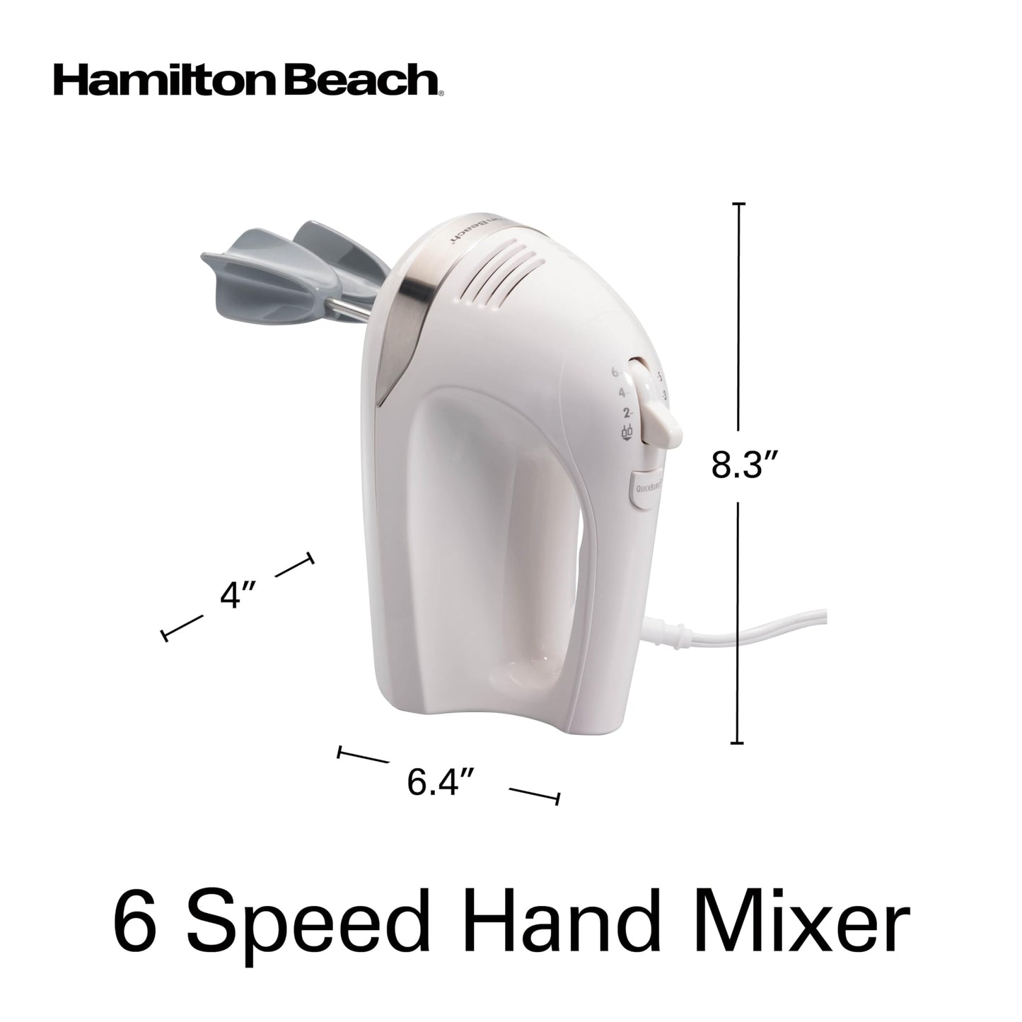 Hamilton Beach 6-Speed Electric Hand Mixer for Baking, 275W, Easy Clean Beaters, Dough Hooks, Whisk, Snap-On Storage Case, White (62636J) Hamilton Beach