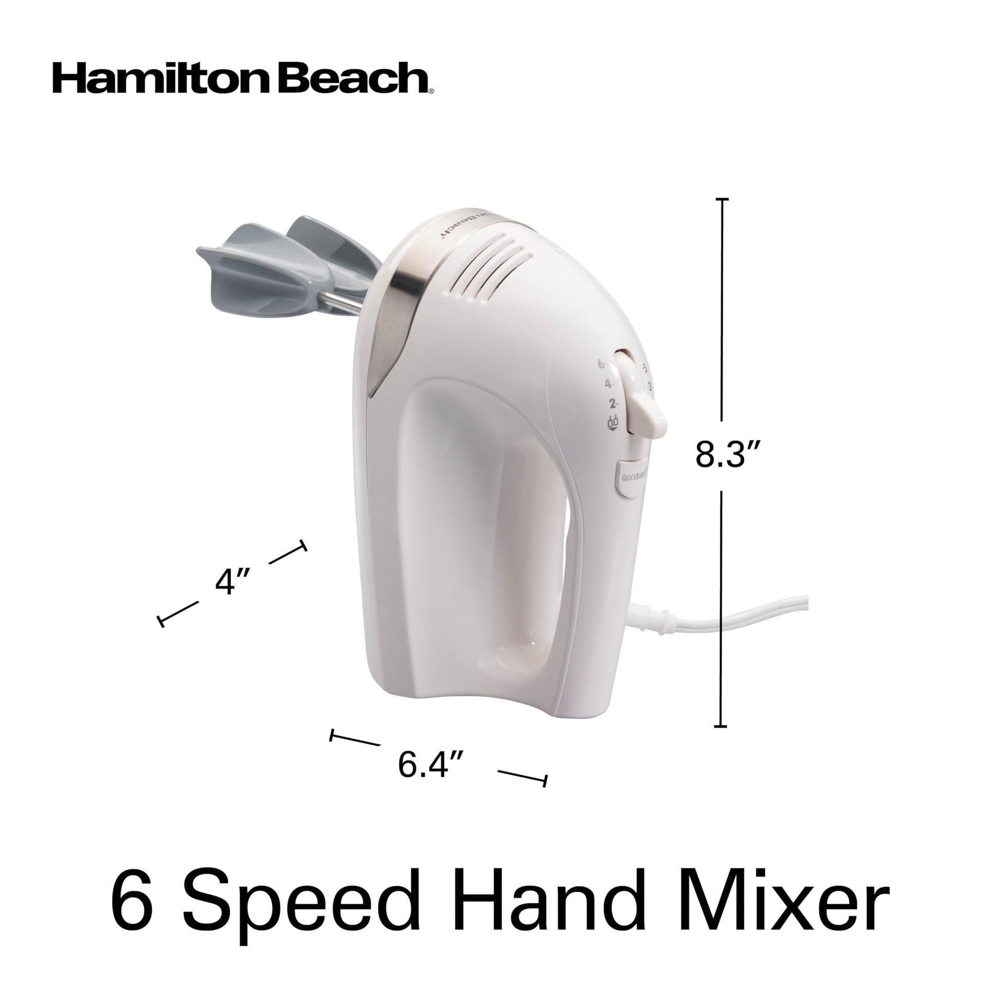 Hamilton Beach 6-Speed Electric Hand Mixer for Baking, 275W, Easy Clean Beaters, Dough Hooks, Whisk, Snap-On Storage Case, White (62636J) Hamilton Beach