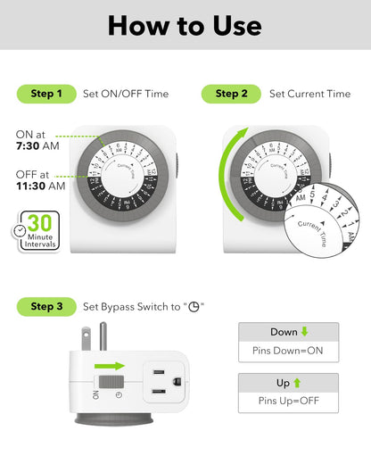 BN-LINK Indoor Dual Outlet Timers, Heavy-Duty Mechanical, 24-Hour, 3-Prong Design with 30-Minute Intervals for Lamps, Indoor Lighting, and Christmas Lights, White, 15A, 1875W, 2 Pack 🍁 All In One Marketplace Canada